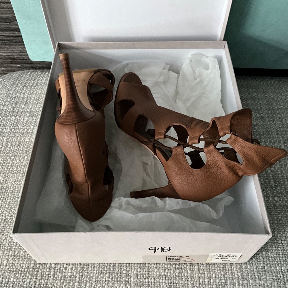 Jimmy Choo Lucky 85 Cognac Cage Sandals Size 39 - Picture 6 of 6